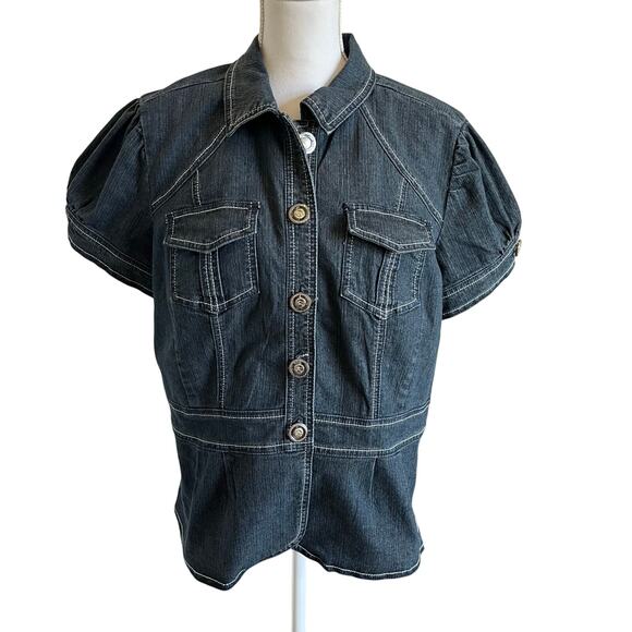 CJ Banks Jacket Shirt Jacket Puff Sleeve Size X 14W Plus Blue Jean Denim - Picture 1 of 10